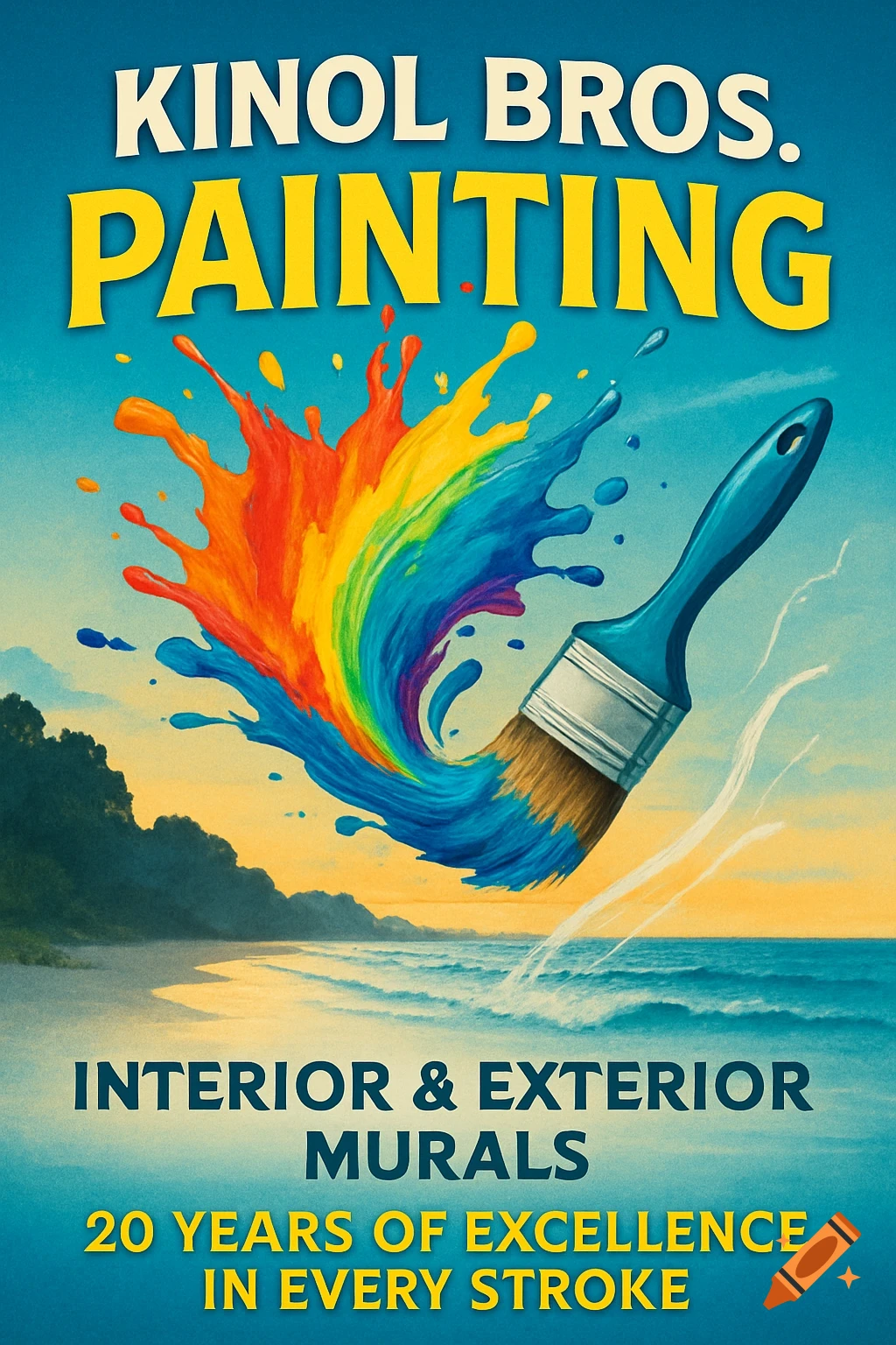 A colorful flyer for Kinol Bros. Painting company featuring a paintbrush splashing rainbow paint over a coastal landscape with a beach and ocean.