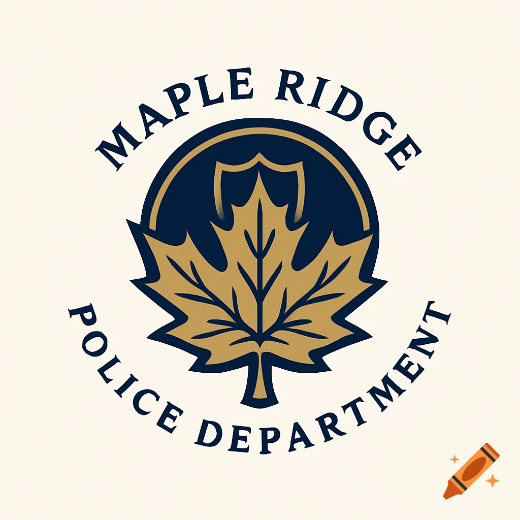 A dark blue and gold police department logo featuring a maple leaf inside a circle, with "MAPLE RIDGE" above and "POLICE DEPARTMENT" below.