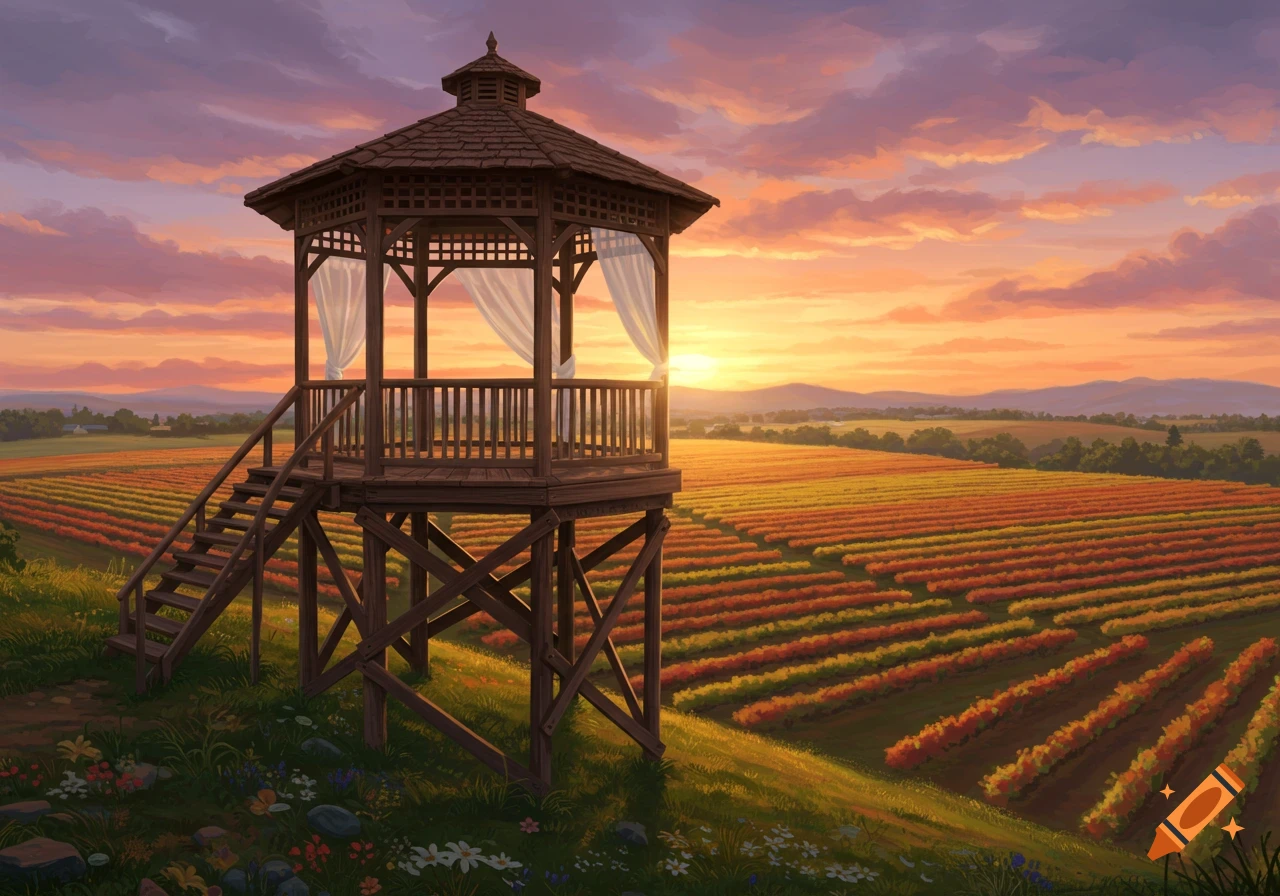An elevated wooden gazebo with white curtains overlooks rows of crops in a vineyard at sunset, with a vibrant orange and purple sky.