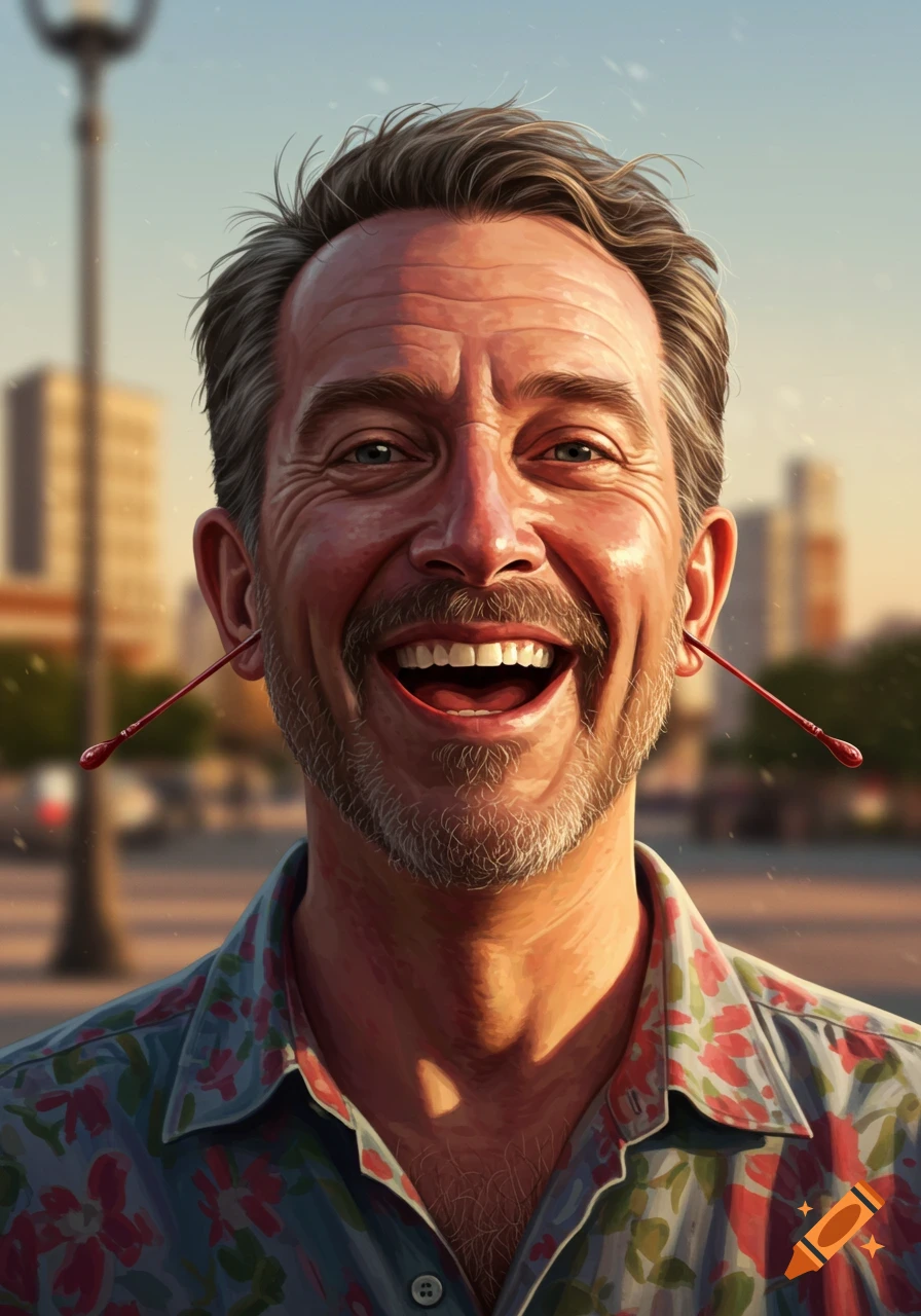 Photorealistic portrait of a broadly smiling man with a beard and floral shirt, with red liquid appearing from his ears, outdoors.