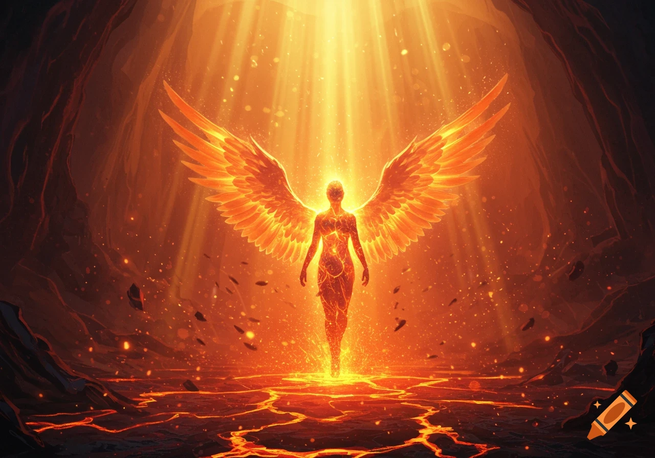 A glowing, winged angelic figure stands on cracked, lava-filled ground in a fiery cavern, bathed in bright light.