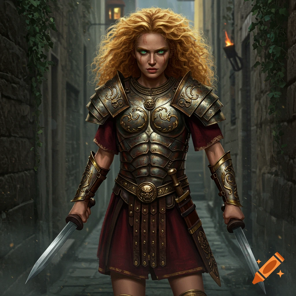 A fierce woman with long, curly blonde hair and striking green eyes wears ornate Roman-style armor, holding two swords in a dimly lit alleyway. Photorealistic style.