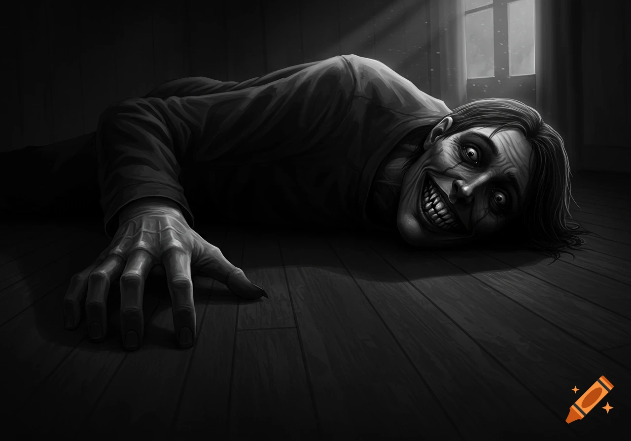 A grotesque, pale-faced man with a terrifying grin and sharp teeth crawls on a wooden floor in a dark room.