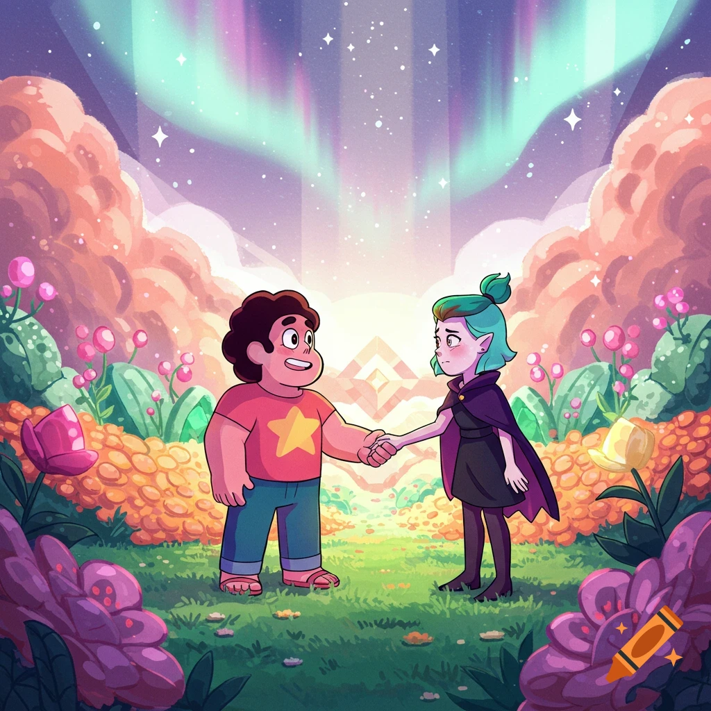 Steven Universe and Amity Blight shake hands in a colorful, magical landscape under an aurora-lit sky in a cartoon style.