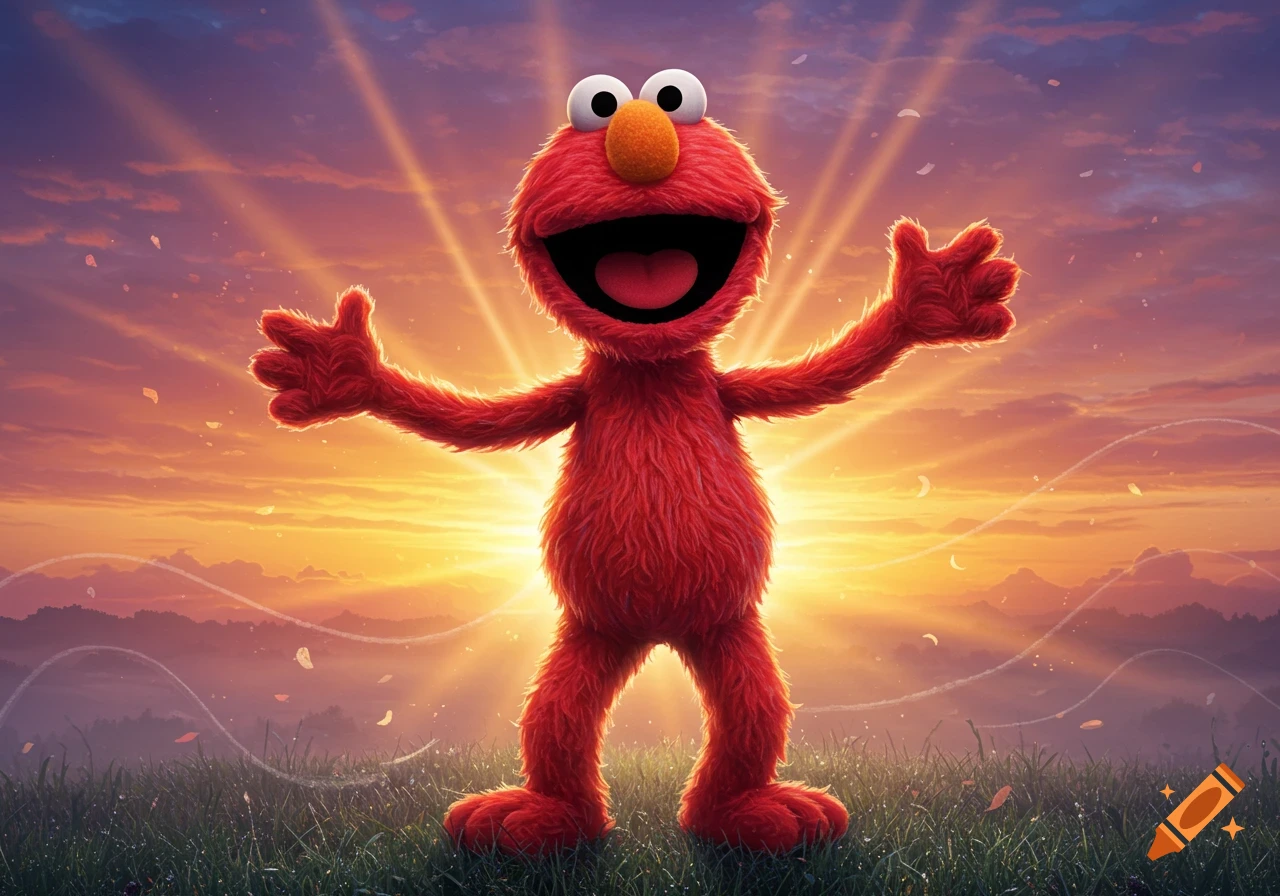 A fuzzy red Elmo character stands in a grassy field with arms outstretched against a vibrant orange and purple sunrise.