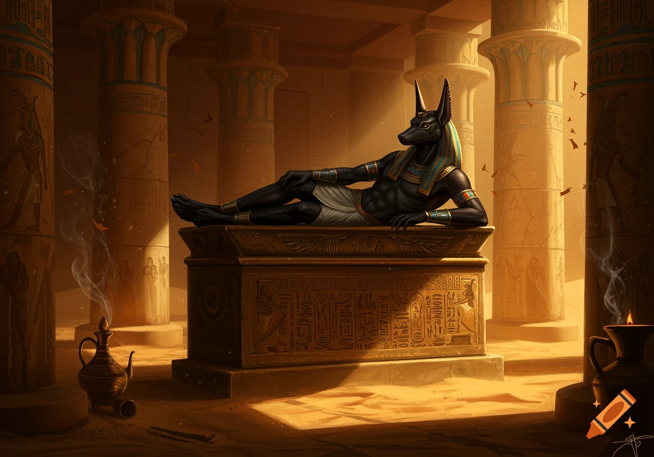 Anubis, the jackal-headed god, reclines on a golden sarcophagus in a grand ancient Egyptian temple with hieroglyph-covered pillars.