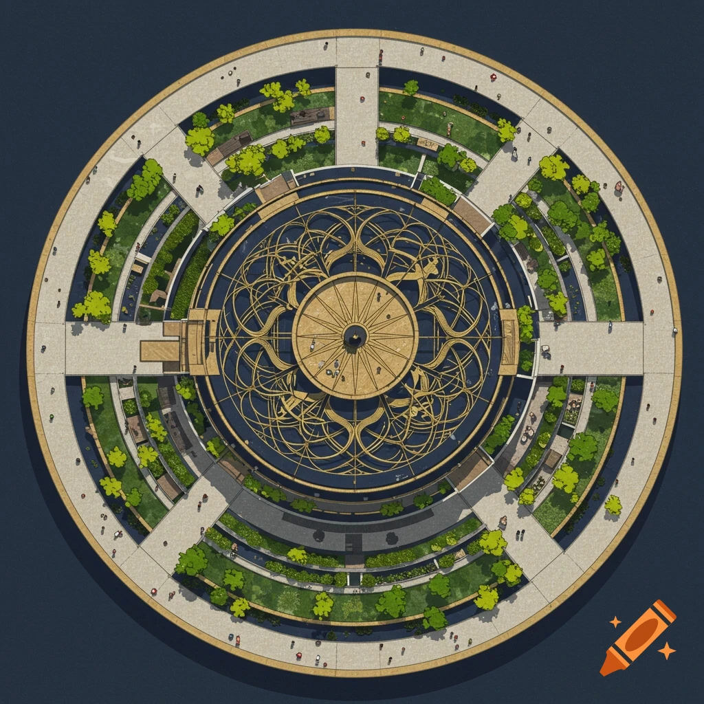 Top-down vector art of a circular building with golden patterns, surrounded by water, green gardens, and walkways.