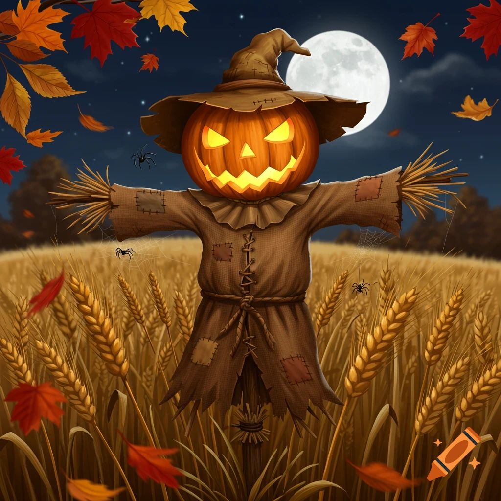A pumpkin-headed scarecrow stands in a wheat field under a full moon, with autumn leaves falling.