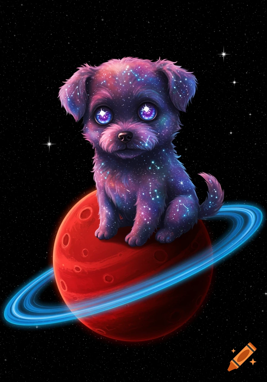 A cute, fluffy puppy with a galaxy pattern and sparkling eyes sits on a red planet with blue rings in space.