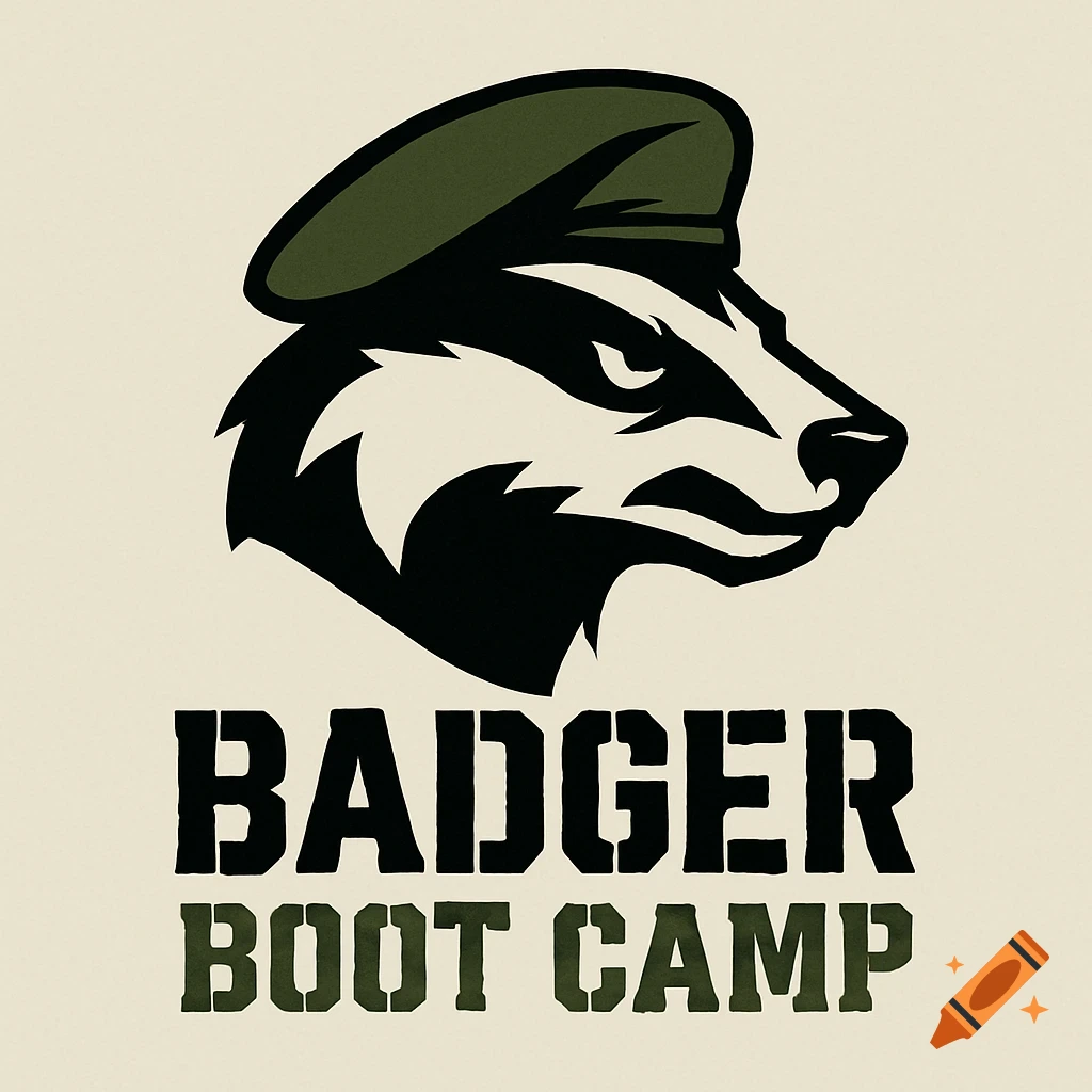 A logo for Badger Boot Camp, featuring a stylized black and white badger head wearing a green beret, with text below.