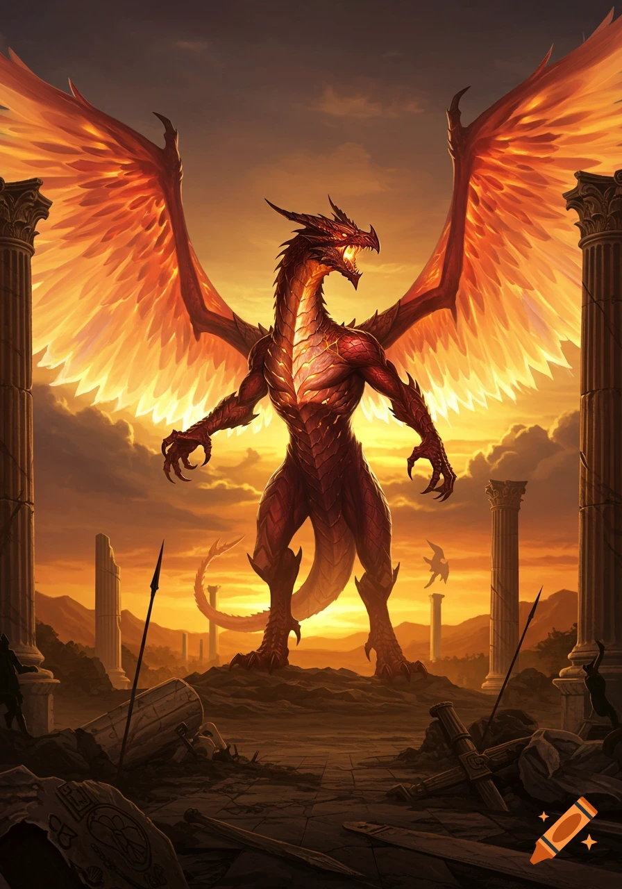 A powerful red dragon with glowing orange wings stands amidst ancient ruined columns and spears at sunset.