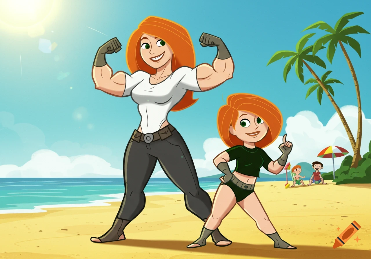 Cartoon of Kim Possible and her mom flexing their muscles at a sunny beach.