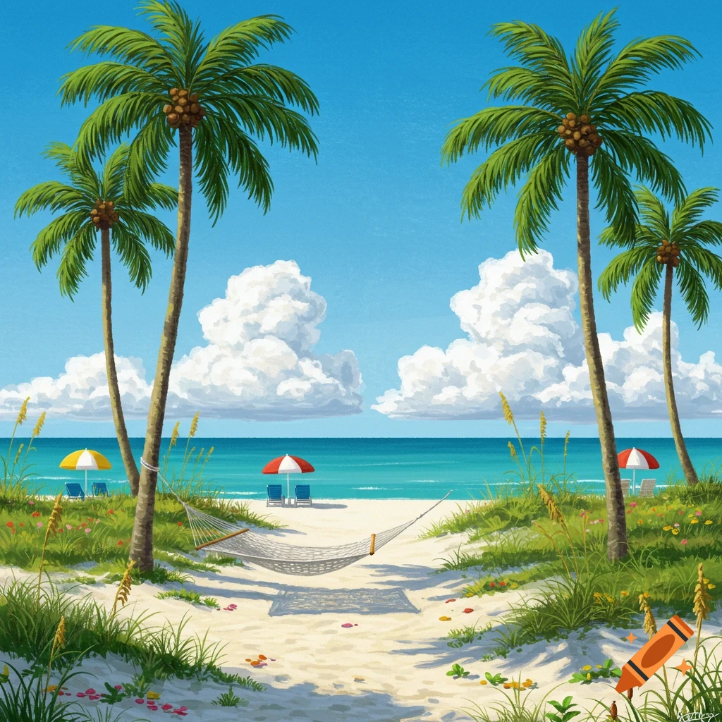 A vibrant illustration of a tropical beach with palm trees, a hammock, and beach umbrellas under a blue sky with white clouds.