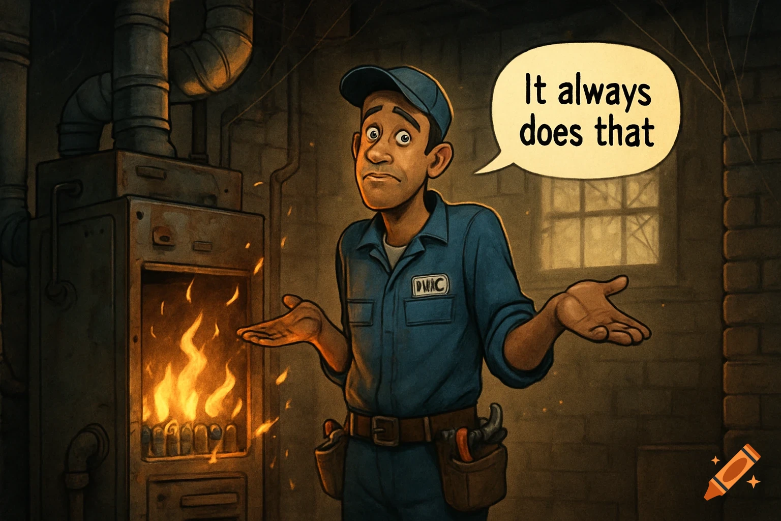 A cartoon HVAC technician shrugs, hands open, next to a furnace with flames. A speech bubble says, 'It always does that'.