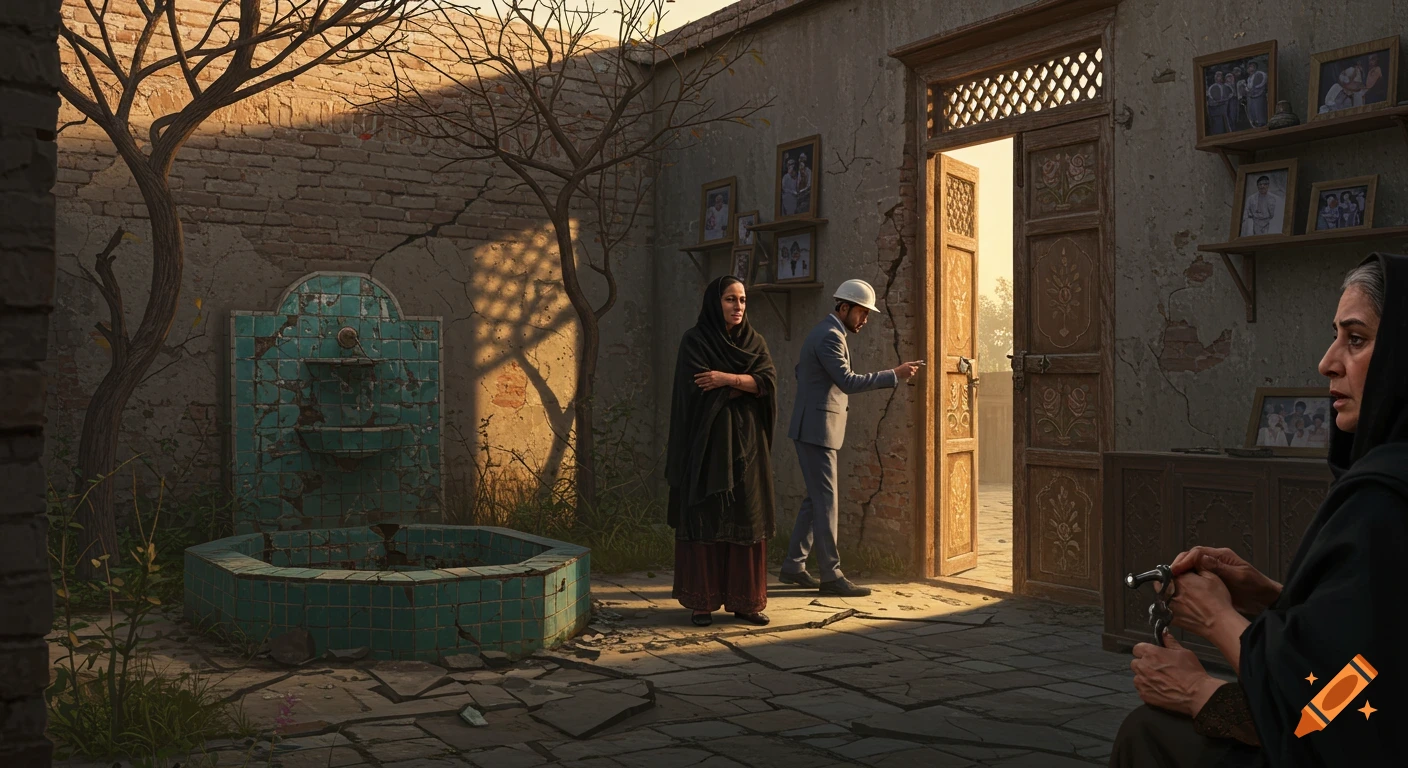 A man in a suit and a woman in a black chador stand in a cracked courtyard with an old fountain and bare trees, illuminated by sunset light. Another woman watches from the right.