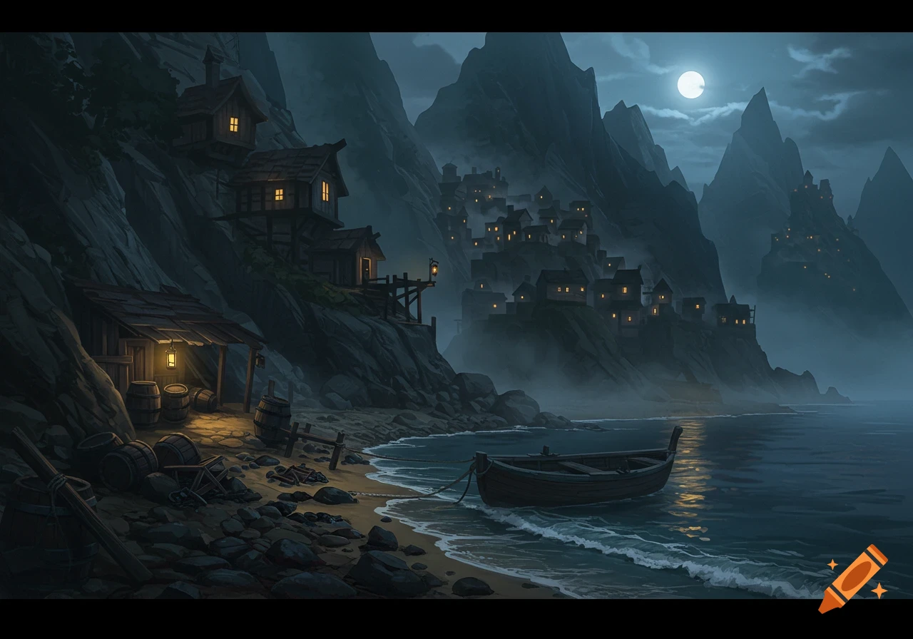 Dark, misty landscape of rustic buildings clinging to steep mountains by a cove, with a boat on the shore under a full moon.