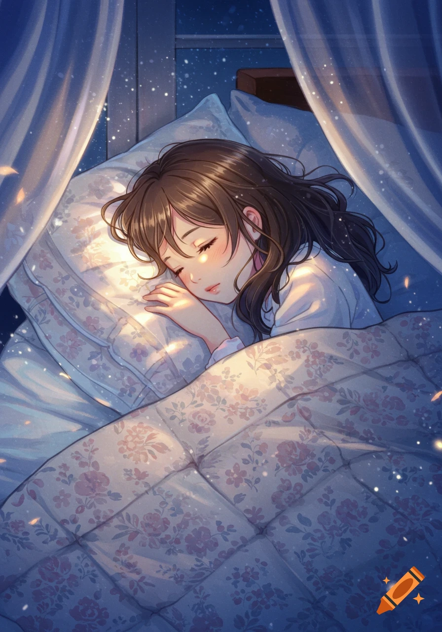 Anime-style illustration of a brunette girl peacefully sleeping in a cozy bed with floral patterns under a canopy.