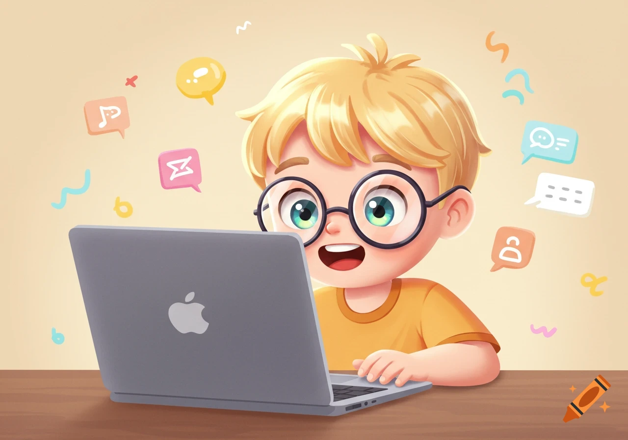 Cartoon blonde boy with glasses smiling, peeking over a laptop with a visible Apple logo, surrounded by floating communication icons.