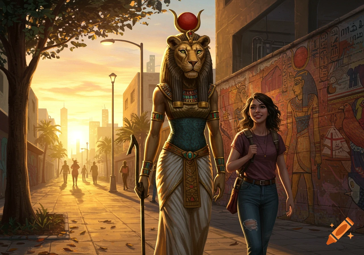 Digital illustration of the Egyptian goddess Sekhmet and a young woman walking on a city street with an Egyptian mural at sunset.