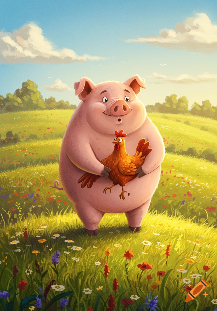 A happy cartoon pig stands in a vibrant green field with wildflowers, gently holding a brown chicken.