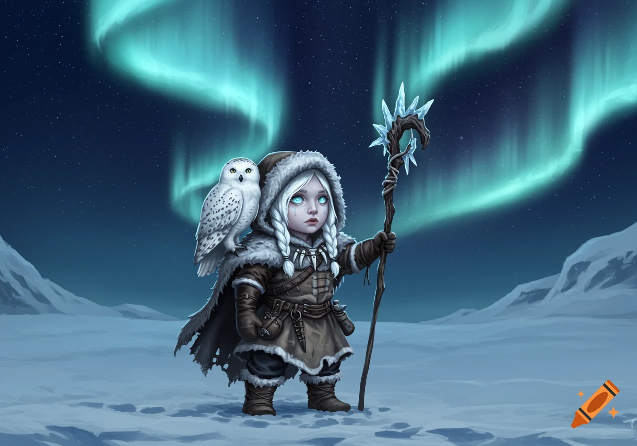 A child-like figure in winter furs holds an icy staff, with a snowy owl on her shoulder, under a green aurora.