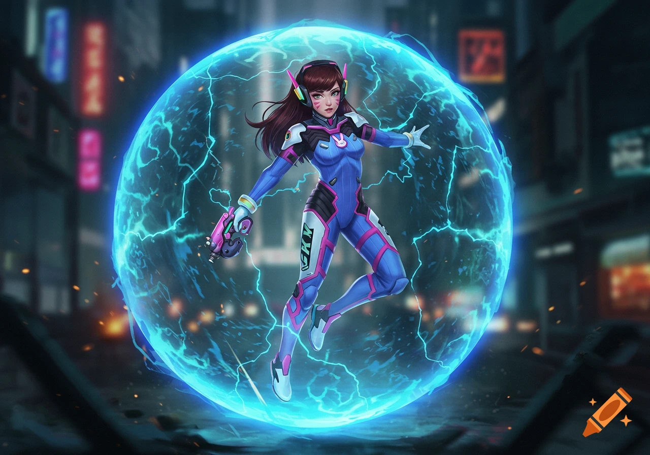 D.Va from Overwatch in her blue and pink suit, surrounded by a glowing blue energy shield, in a futuristic city.