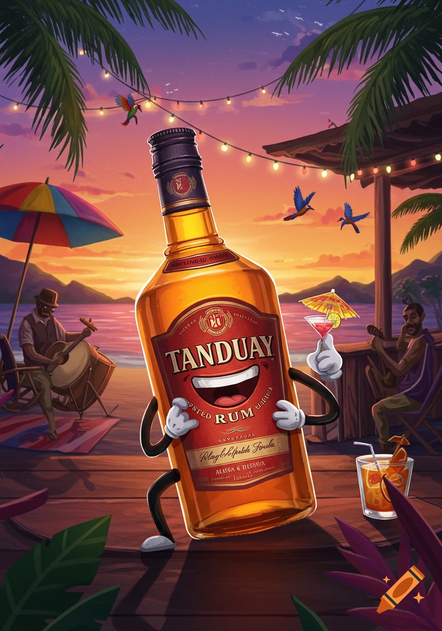 A cartoon Tanduay Rum bottle with a smiling face and cartoon limbs dances on a wooden deck during sunset at a tropical beach party, with people playing music in the background.