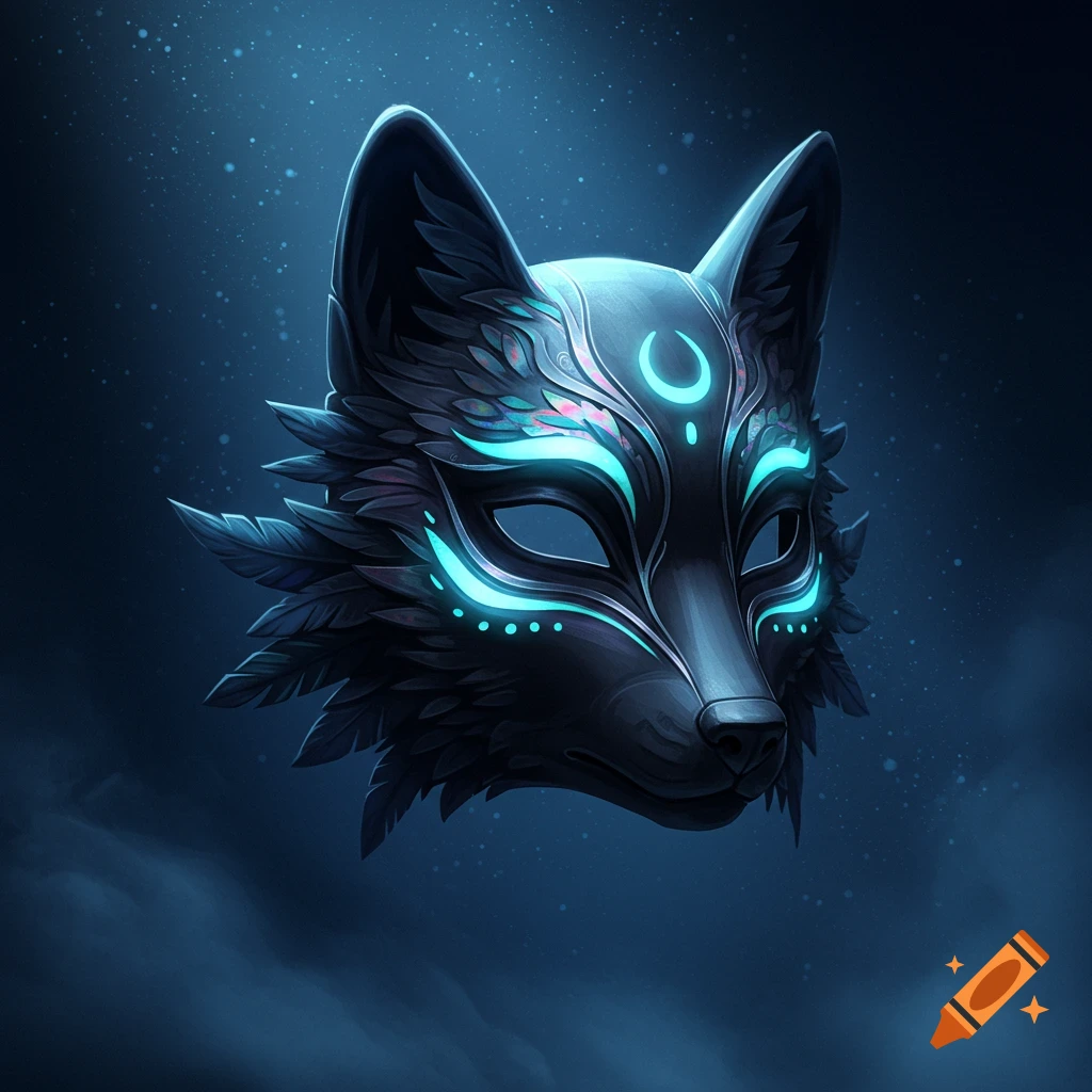 A stylized dark wolf mask with glowing blue and pink patterns, a crescent moon, against a dark blue starry background.