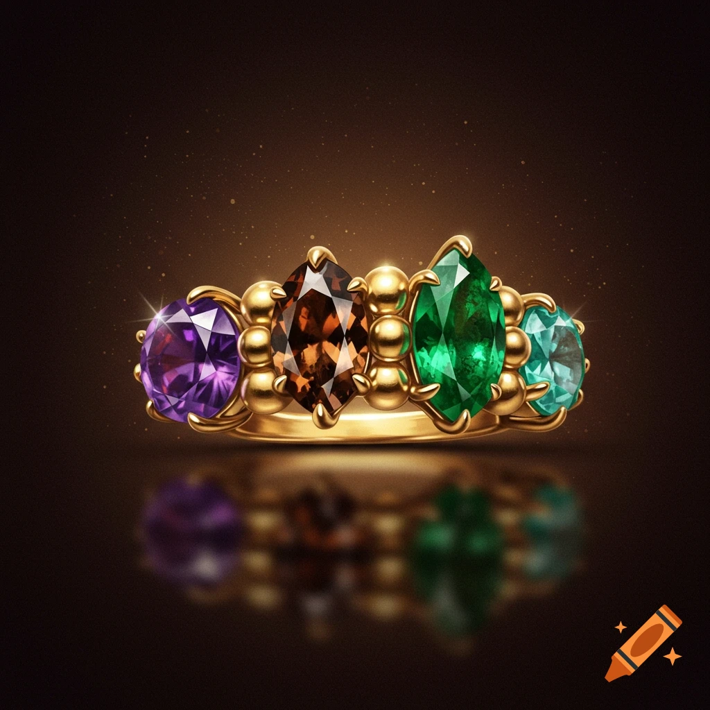 A detailed gold ring featuring purple, brown, green, and blue-grey marquise-cut gemstones on a dark, reflective surface.
