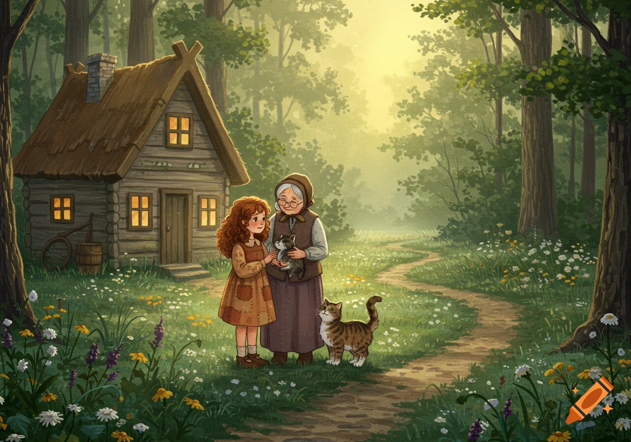 An illustration of a young girl and an old woman with two cats outside a rustic cabin in a sunlit forest.