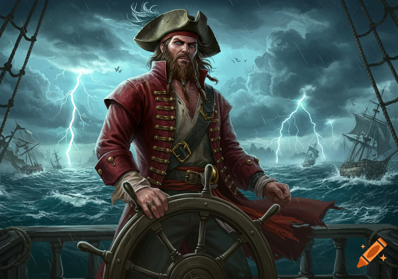A bearded pirate captain steers his ship through a stormy sea with lightning and other vessels in the distance.