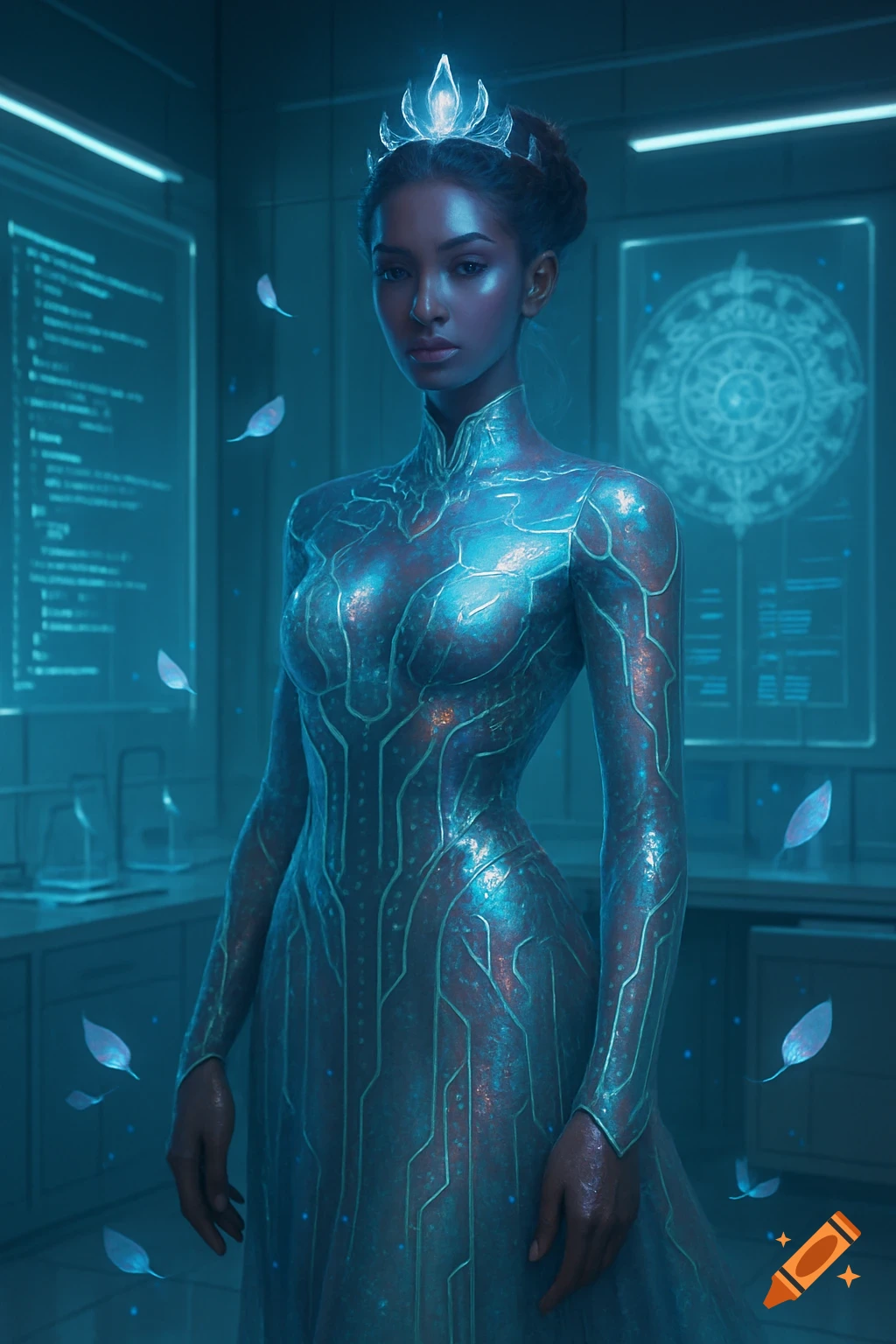 A woman in a glowing blue and copper futuristic suit and crown stands in a sci-fi lab with screens and floating lights.