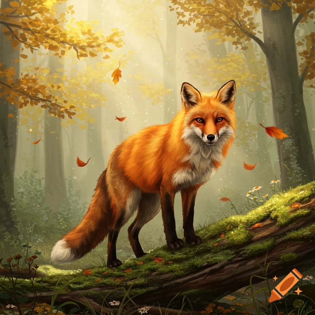 A vibrant orange fox stands on a mossy log in a sunlit autumn forest, with golden leaves falling.