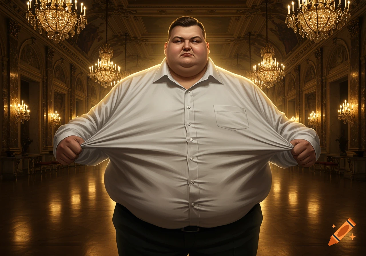 An obese man in a white shirt stretches the fabric wide in a grand ballroom, looking directly at the viewer.