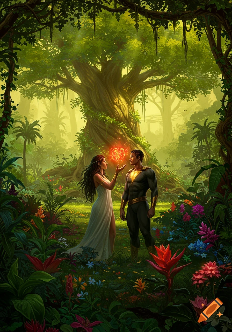 Black Adam and a woman in a flowing dress stand in a lush jungle, the woman holding a glowing magical orb towards him.