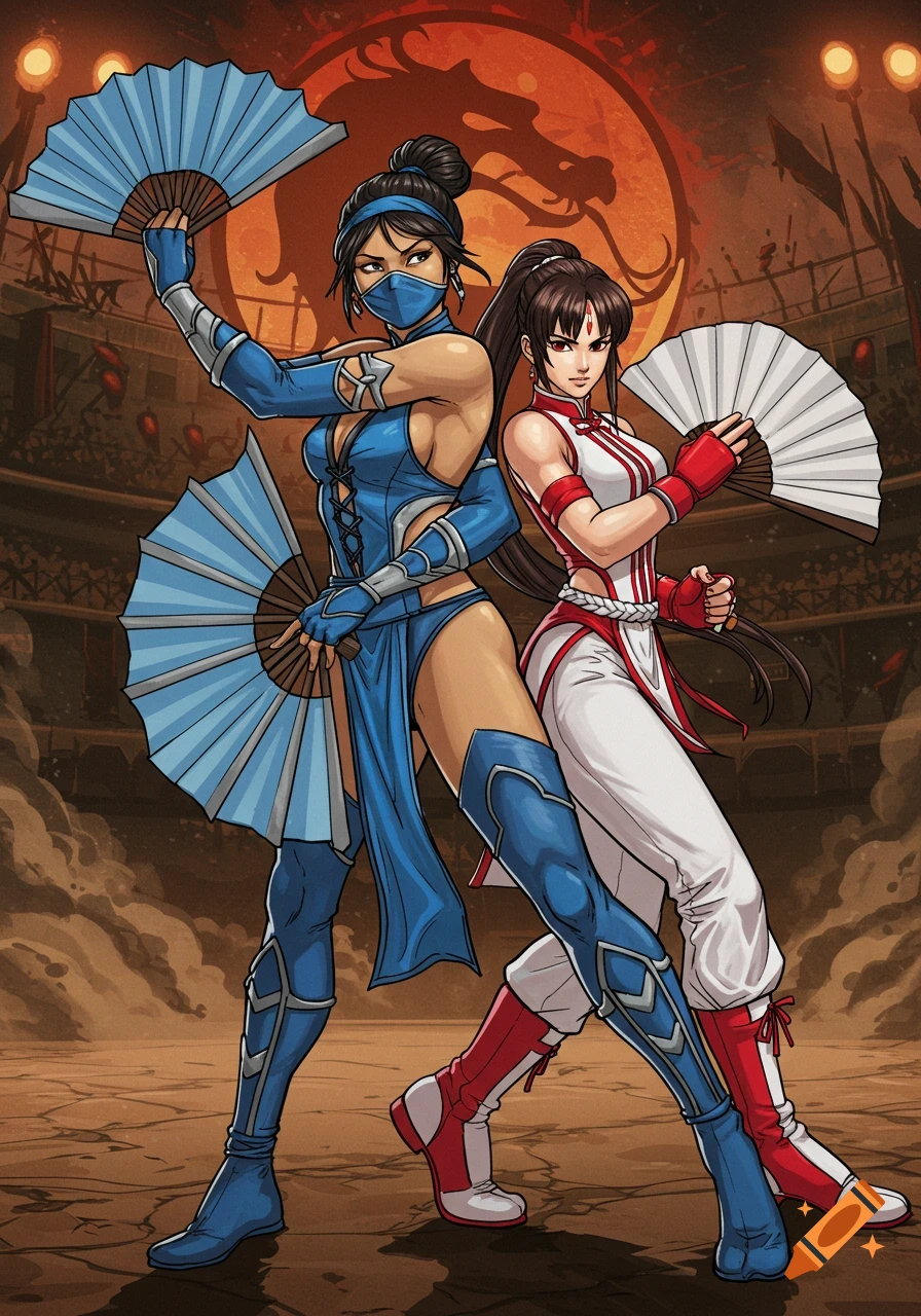 Kitana and Mai Shiranui in comic style, standing back-to-back in a fighting arena. Kitana wears blue, holding blue fans; Mai wears white and red, holding white fans.