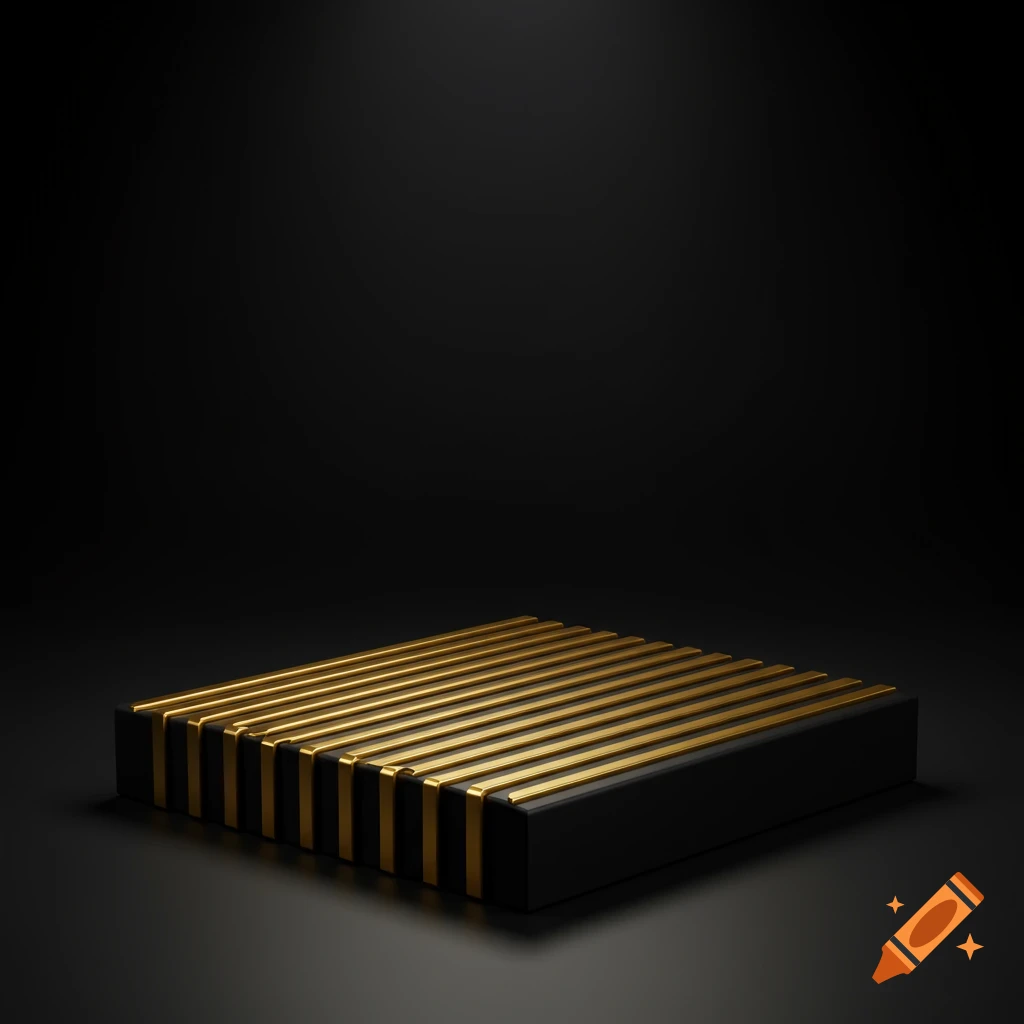 A black rectangular block adorned with shiny gold stripes on its top surface, set against a dark, minimalist background.