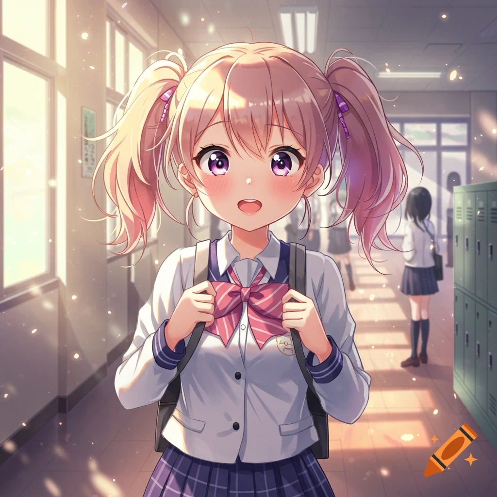 A cute anime girl with pink pigtails, wearing a school uniform, stands in a brightly lit school hallway.