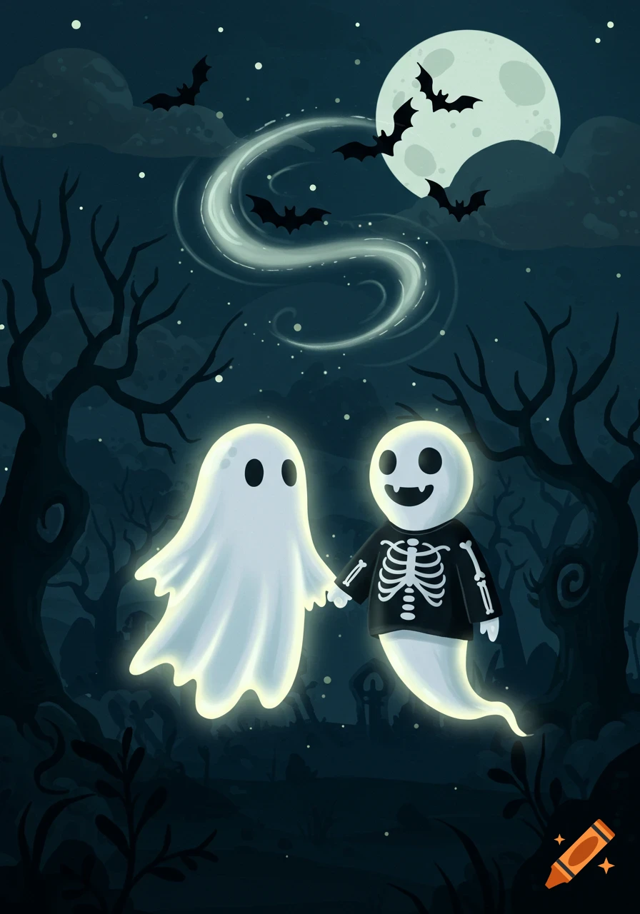 Two glowing stylized ghosts, one in a skeleton outfit, hold hands in a dark forest with a full moon and bats.