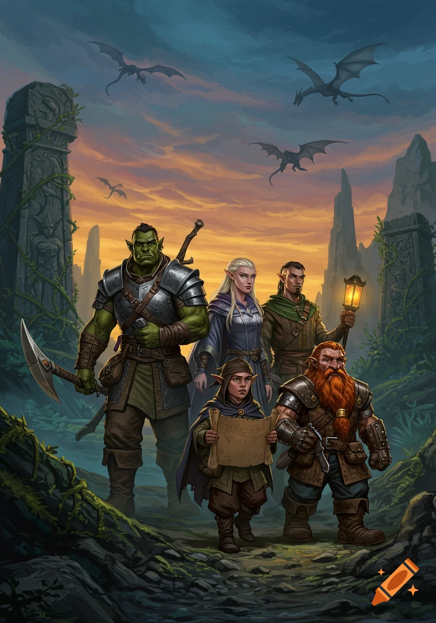 A group of diverse fantasy adventurers including an orc, elf, dwarf, and small cloaked figure stand amidst ancient ruins at sunset with dragons flying overhead.