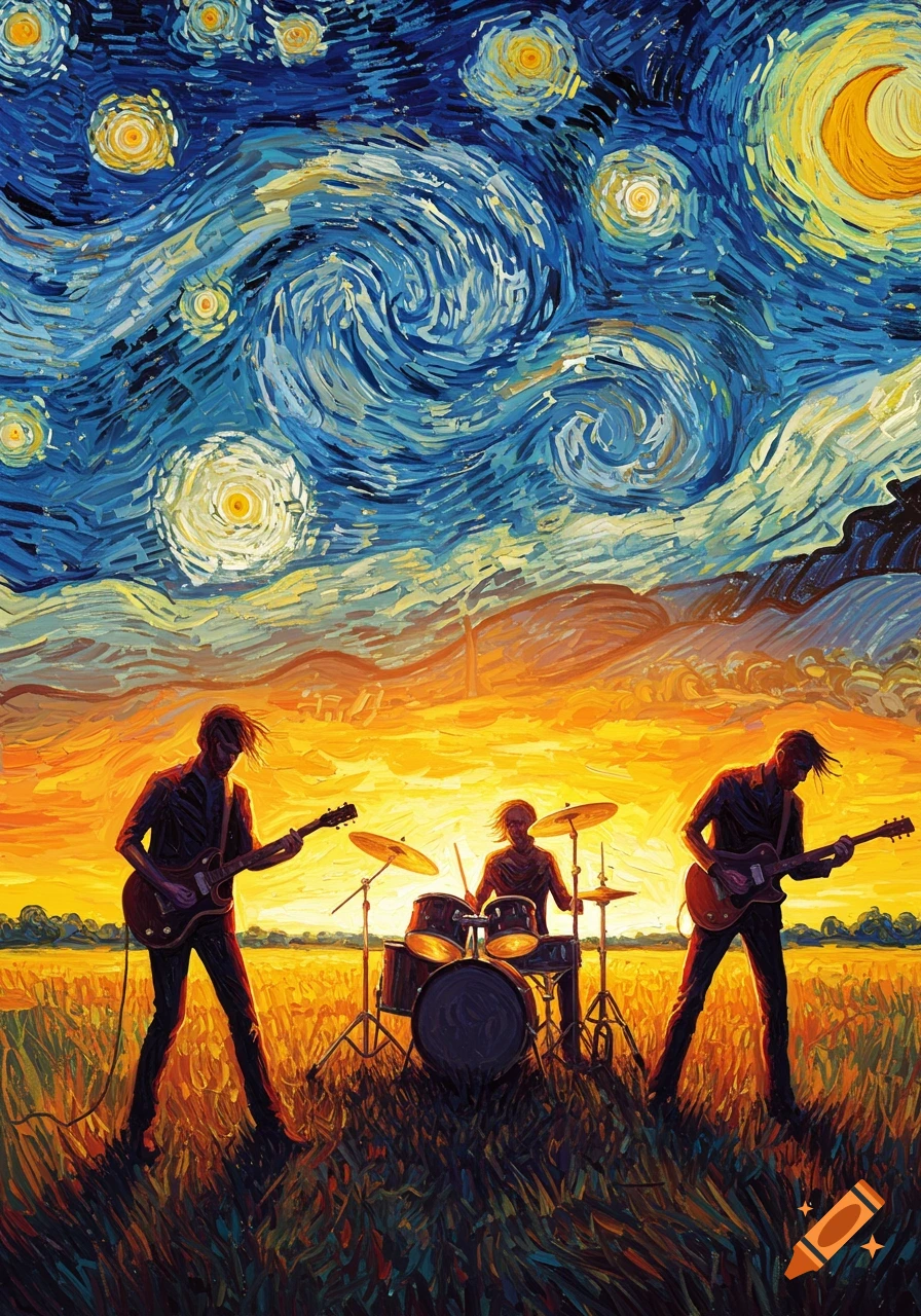 A rock band performing in a field under a swirling, starry sky in the style of Van Gogh, with a bright orange sunset horizon.