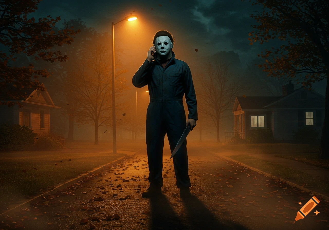 Michael Myers in a dark blue jumpsuit holds a knife and a cell phone, standing on a foggy suburban street at night under a glowing street lamp.