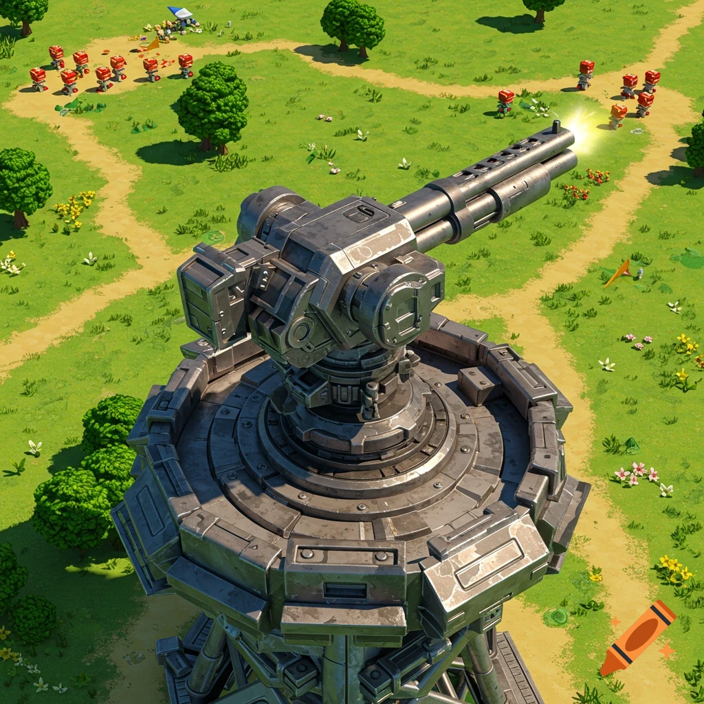 A powerful metal turret on a tower fires at small red enemy characters moving through a green field in a cartoon game style.