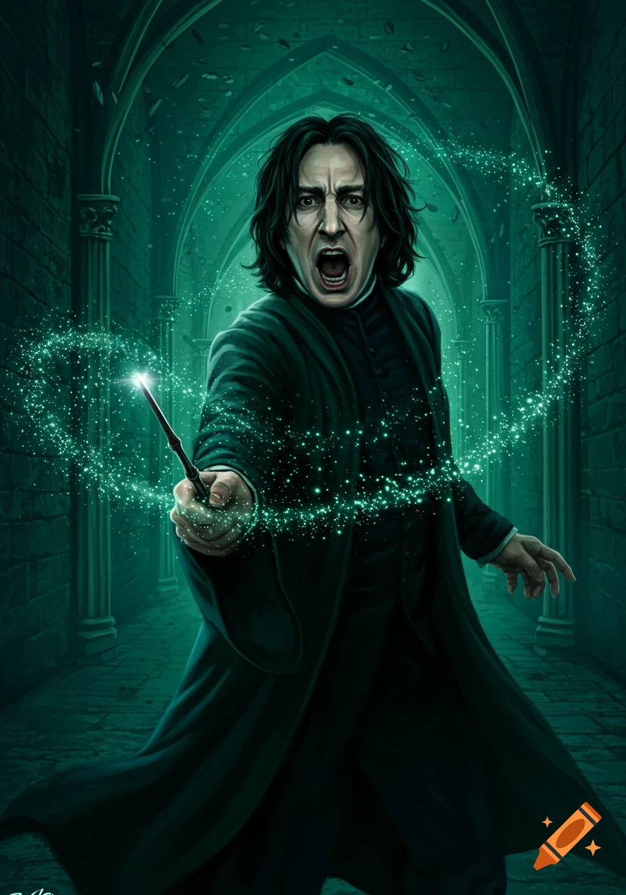 Illustration of Severus Snape yelling, casting a green glowing spell from his wand in a dark gothic corridor.