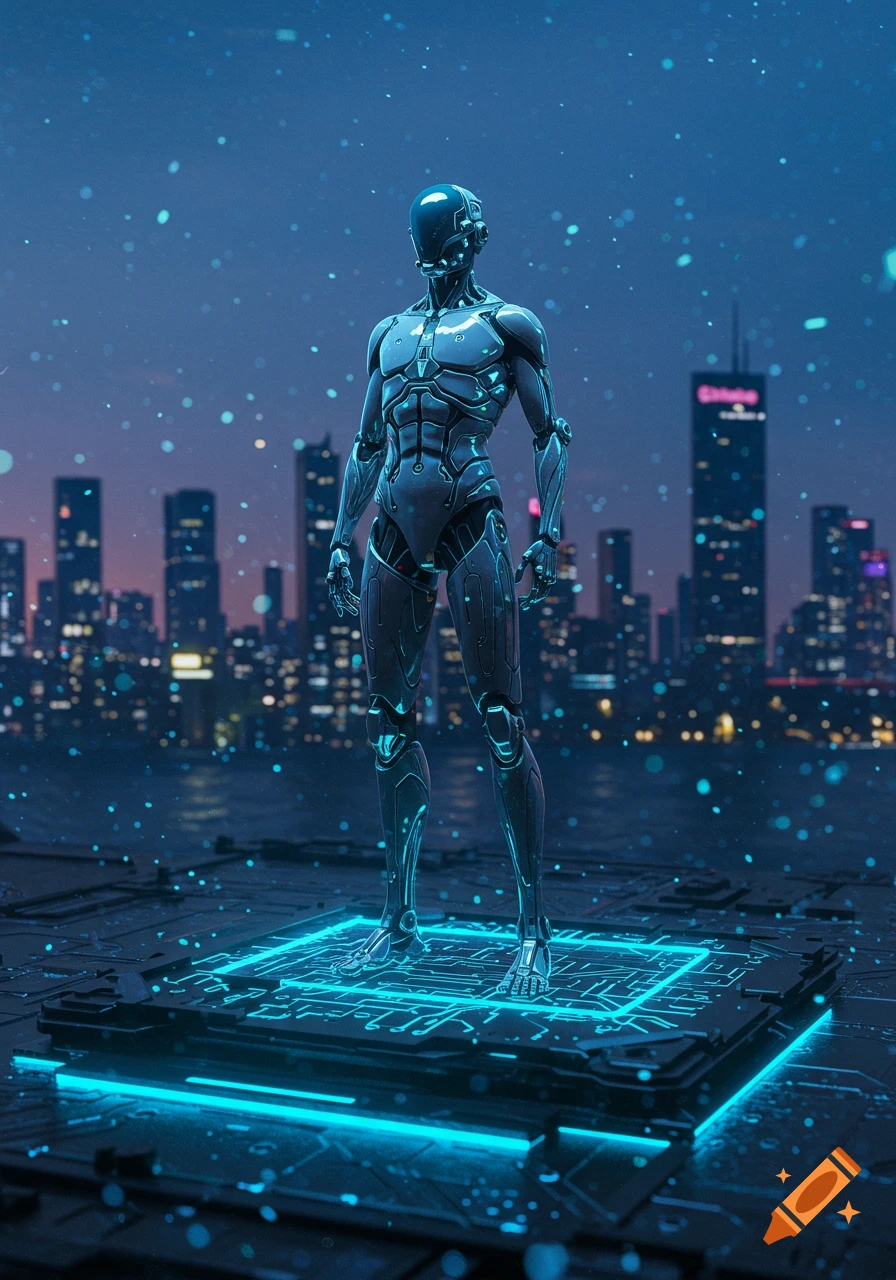 A sleek, silver humanoid robot stands on a glowing blue circuit board platform, overlooking a futuristic city skyline at night.