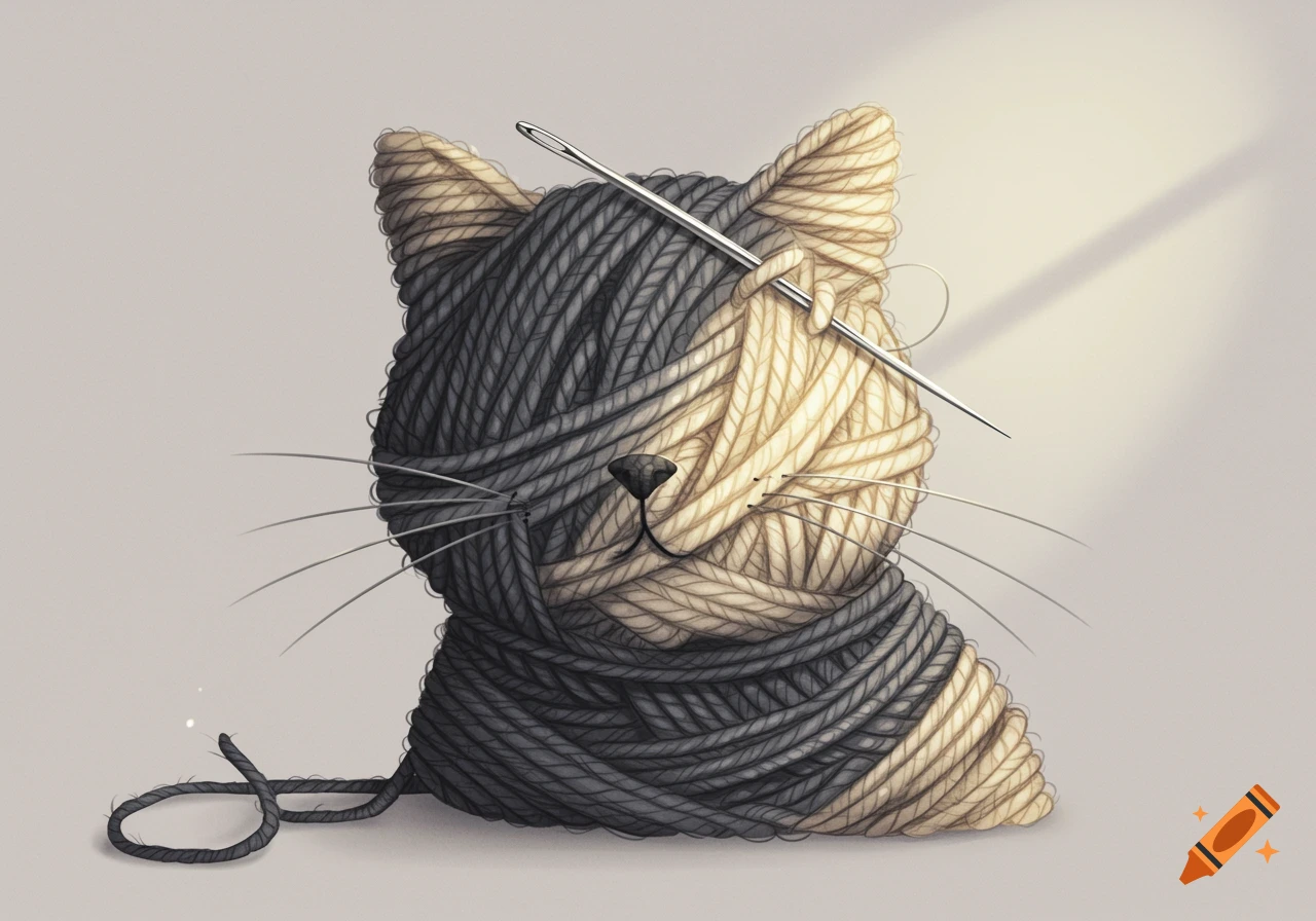 A stylized cat's head formed from intertwined black and cream yarn, with a metal knitting needle poked through the top.
