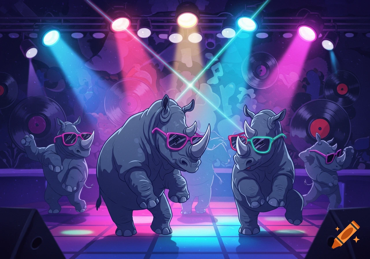 Several cartoon rhinos with sunglasses dance on a neon-lit nightclub floor under spotlights.