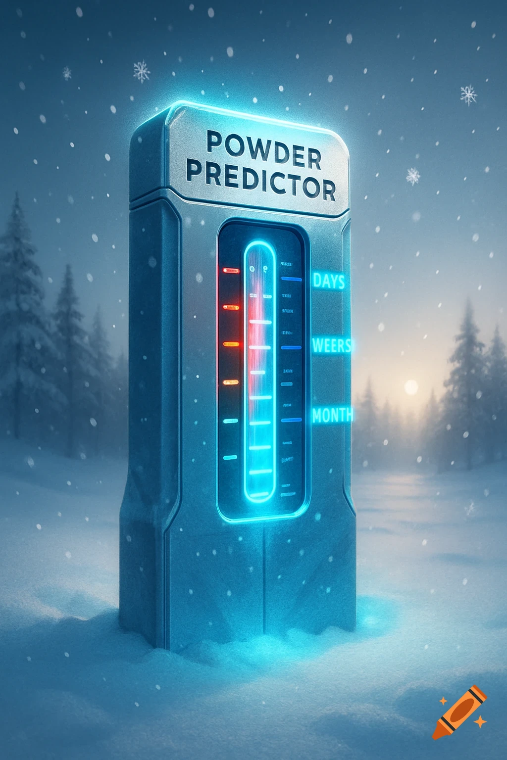 A futuristic 'Powder Predictor' snow meter glowing blue in a snowy winter landscape with falling snowflakes.