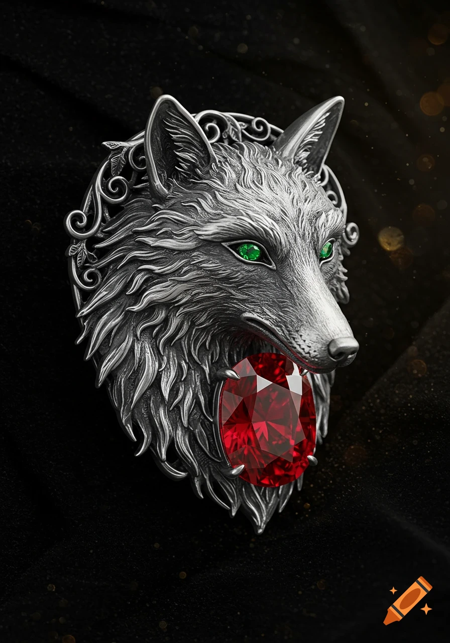 Detailed silver wolf head brooch with green emerald eyes holding a large red ruby in its jaws against a dark background.