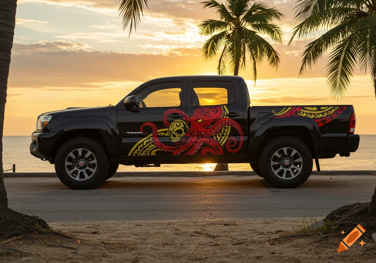 Black truck with a red and yellow Polynesian tribal octopus and skull design parked by the ocean at sunset.